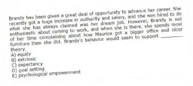 Brandy has been given a great deal of opportunity to advance her career. She recently got a huge increase in authority and salary, and she was hired to do what she has always claimed was her dream job. However, Brandy is not enthusiastic about coming to work, and when she is there, she spends most of her time complaining about how Maurice got a bigger office and nicer furniture than she did. Brandy's behavior would seem to support ________ theory.
A) equity
B) extrinsic
C) expectancy
D) goal setting
E) psychological empowerment