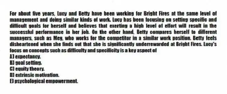 For about five years, Lucy and Betty have been working for Bright Fires at the same level of management and doing similar kinds of work. Lucy has been focusing on setting specific and difficult goals for herself and believes that exerting a high level of effort will result in the successful performance in her job. On the other hand, Betty compares herself to different managers, such as Meg, who works for the competitor in a similar work position. Betty feels disheartened when she finds out that she is significantly underrewarded at Bright Fires. Lucy's focus on concepts such as difficulty and specificity is a key aspect of
A) expectancy.
B) goal setting.
C) equity theory.
D) extrinsic motivation.
E) psychological empowerment.