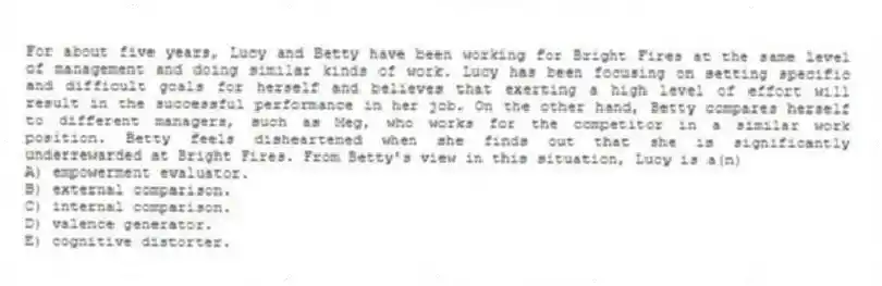 For about five years, Lucy and Betty have been working for Bright Fires at the same level of management and doing similar kinds of work. Lucy has been focusing on setting specific and difficult goals for herself and believes that exerting a high level of effort will result in the successful performance in her job. On the other hand, Betty compares herself to different managers, such as Meg, who works for the competitor in a similar work position. Betty feels disheartened when she finds out that she is significantly underrewarded at Bright Fires. From Betty's view in this situation, Lucy is a(n)
A) empowerment evaluator.
B) external comparison.
C) internal comparison.
D) valence generator.
E) cognitive distorter.