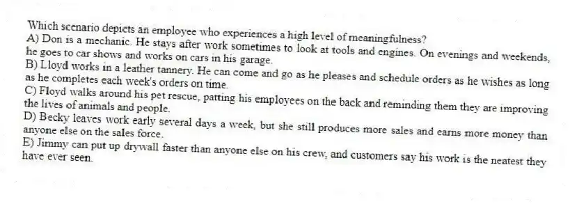 Which scenario depicts an employee who experiences a high level of meaningfulness?
A) Don is a mechanic. He stays after work sometimes to look at tools and engines. On evenings and weekends, he goes to car shows and works on cars in his garage.
B) Lloyd works in a leather tannery. He can come and go as he pleases and schedule orders as he wishes as long as he completes each week's orders on time.
C) Floyd walks around his pet rescue, patting his employees on the back and reminding them they are improving the lives of animals and people.
D) Becky leaves work early several days a week, but she still produces more sales and earns more money than anyone else on the sales force.
E) Jimmy can put up drywall faster than anyone else on his crew, and customers say his work is the neatest they have ever seen.