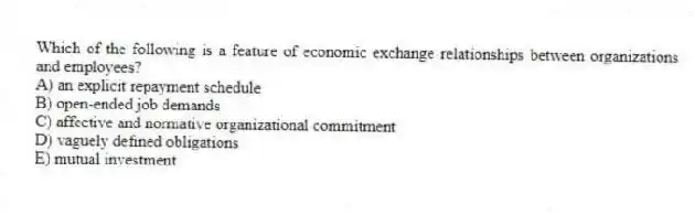 Which of the following is a feature of economic exchange relationships between organizations and employees?
A) an explicit repayment schedule
B) open-ended job demands
C) affective and normative organizational commitment
D) vaguely defined obligations
E) mutual investment