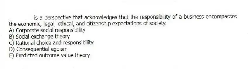 ________ is a perspective that acknowledges that the responsibility of a business encompasses the economic, legal, ethical, and citizenship expectations of society.
A) Corporate social responsibility
B) Social exchange theory
C) Rational choice and responsibility
D) Consequential egoism
E) Predicted outcome value theory
