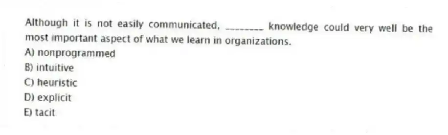 Although it is not easily communicated, ________ knowledge could very well be the most important aspect of what we learn in organizations.
A) nonprogrammed
B) intuitive
C) heuristic
D) explicit
E) tacit