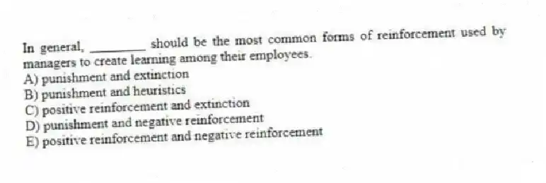 In general, ________ should be the most common forms of reinforcement used by managers to create learning among their employees.
A) punishment and extinction
B) punishment and heuristics
C) positive reinforcement and extinction
D) punishment and negative reinforcement
E) positive reinforcement and negative reinforcement