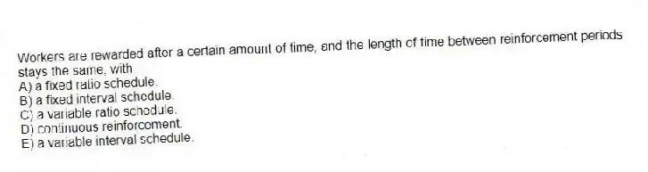 Workers are rewarded after a certain amount of time, and the length of time between reinforcement periods stays the same, with
A) a fixed ratio schedule.
B) a fixed interval schedule.
C) a variable ratio schedule.
D) continuous reinforcement.
E) a variable interval schedule.