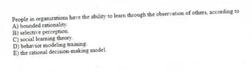 People in organizations have the ability to learn through the observation of others, according to
A) bounded rationality.
B) selective perception.
C) social learning theory.
D) behavior modeling training.
E) the rational decision-making model.
