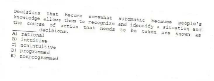Decisions that become somewhat automatic because people's knowledge allows them to recognize and identify a situation and the course of action that needs to be taken are known as ________ decisions.
A) rational
B) intuitive
C) nonintuitive
D) programmed
E) nonprogrammed