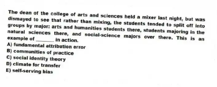 The dean of the college of arts and sciences held a mixer last night, but was dismayed to see that rather than mixing, the students tended to split off into groups by major: arts and humanities students there, students majoring in the natural sciences there, and social-science majors over there. This is an example of ________ in action.
A) fundamental attribution error
B) communities of practice
C) social identity theory
D) climate for transfer
E) self-serving bias