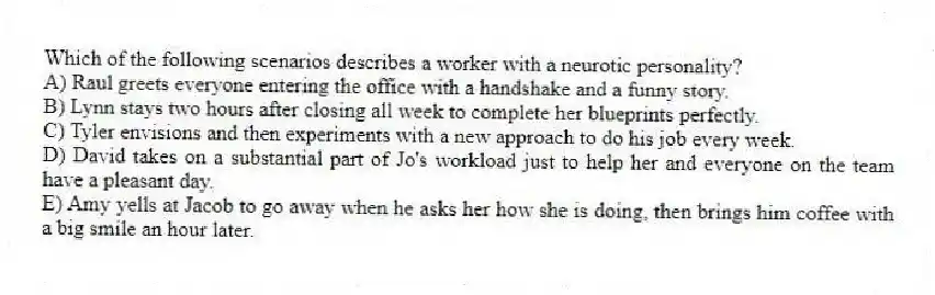 Which of the following scenarios describes a worker with a neurotic personality?
A) Raul greets everyone entering the office with a handshake and a funny story.
B) Lynn stays two hours after closing all week to complete her blueprints perfectly.
C) Tyler envisions and then experiments with a new approach to do his job every week.
D) David takes on a substantial part of Jo's workload just to help her and everyone on the team have a pleasant day.
E) Amy yells at Jacob to go away when he asks her how she is doing, then brings him coffee with a big smile an hour later.