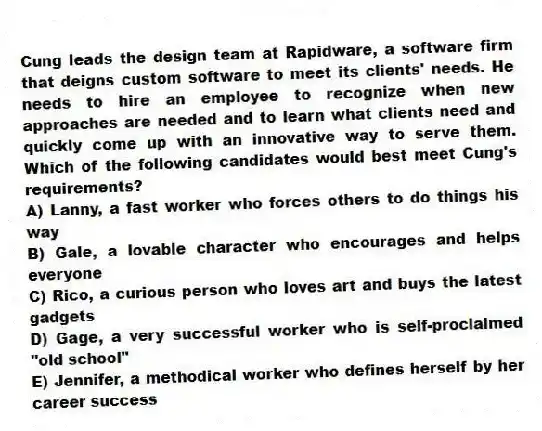 Cung leads the design team at Rapidware, a software firm that deigns custom software to meet its clients' needs. He needs to hire an employee to recognize when new approaches are needed and to learn what clients need and quickly come up with an innovative way to serve them. Which of the following candidates would best meet Cung's requirements?
A) Lanny, a fast worker who forces others to do things his way
B) Gale, a lovable character who encourages and helps everyone
C) Rico, a curious person who loves art and buys the latest gadgets
D) Gage, a very successful worker who is self-proclaimed "old school"
E) Jennifer, a methodical worker who defines herself by her career success