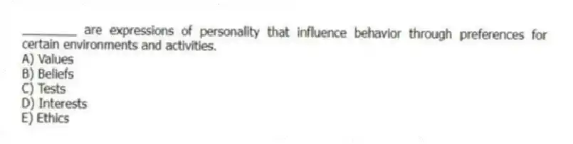 ________ are expressions of personality that influence behavior through preferences for certain environments and activities.
A) Values
B) Beliefs
C) Tests
D) Interests
E) Ethics