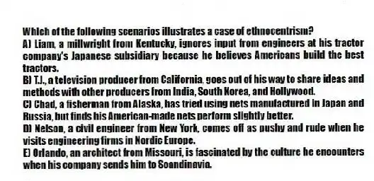 Which of the following scenarios illustrates a case of ethnocentrism?
A) Liam, a millwright from Kentucky, ignores input from engineers at his tractor company's Japanese subsidiary because he believes Americans build the best tractors.
B) T.J., a television producer from California, goes out of his way to share ideas and methods with other producers from India, South Korea, and Hollywood.
C) Chad, a fisherman from Alaska, has tried using nets manufactured in Japan and Russia, but finds his American-made nets perform slightly better.
D) Nelson, a civil engineer from New York, comes off as pushy and rude when he visits engineering firms in Nordic Europe.
E) Orlando, an architect from Missouri, is fascinated by the culture he encounters when his company sends him to Scandinavia.