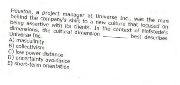 Houston, a project manager at Universe Inc., was the man behind the company's shift to a new culture that focused on being assertive with its clients. In the context of Hofstede's dimensions, the cultural dimension ________ best describes Universe Inc.
A) masculinity
B) collectivism
C) low power distance
D) uncertainty avoidance
E) short-term orientation