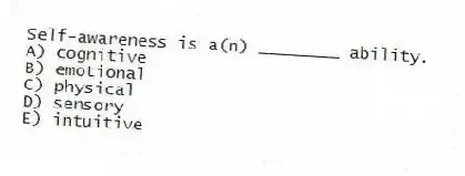 Self-awareness is a(n) ________ ability.
A) cognitive
B) emotional
C) physical
D) sensory
E) intuitive