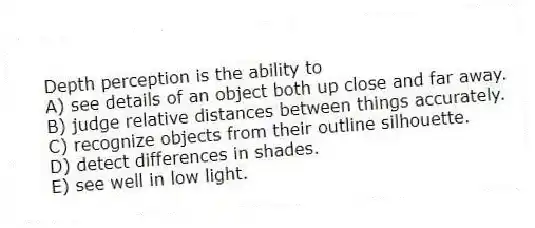 Depth perception is the ability to
A) see details of an object both up close and far away.
B) judge relative distances between things accurately.
C) recognize objects from their outline silhouette.
D) detect differences in shades.
E) see well in low light.