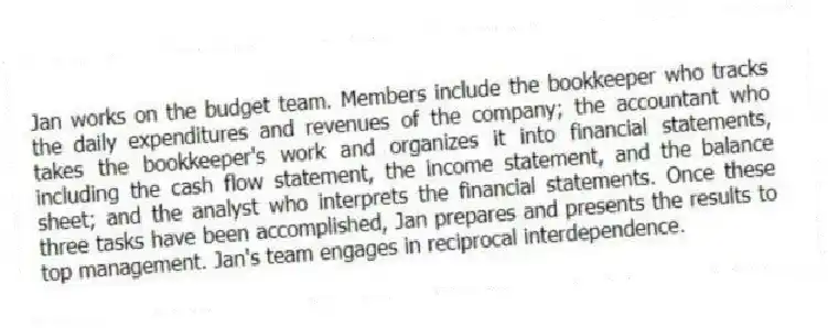 Jan works on the budget team. Members include the bookkeeper who tracks the daily expenditures and revenues of the company; the accountant who takes the bookkeeper's work and organizes it into financial statements, including the cash flow statement, the income statement, and the balance sheet; and the analyst who interprets the financial statements. Once these three tasks have been accomplished, Jan prepares and presents the results to top management. Jan's team engages in reciprocal interdependence.