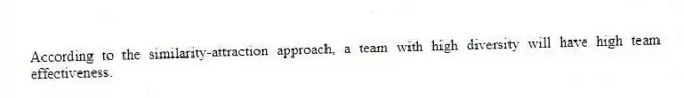 According to the similarity-attraction approach, a team with high diversity will have high team effectiveness.