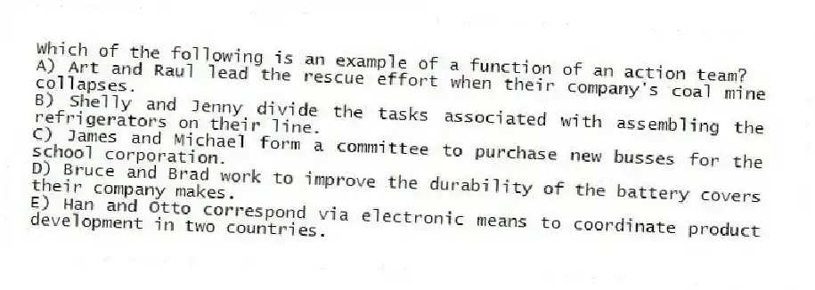 Which of the following is an example of a function of an action team?
A) Art and Raul lead the rescue effort when their company's coal mine collapses.
B) Shelly and Jenny divide the tasks associated with assembling the refrigerators on their line.
C) James and Michael form a committee to purchase new busses for the school corporation.
D) Bruce and Brad work to improve the durability of the battery covers their company makes.
E) Han and Otto correspond via electronic means to coordinate product development in two countries.