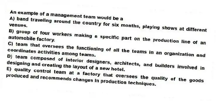 An example of a management team would be a
A) band traveling around the country for six months, playing shows at different venues.
B) group of four workers making a specific part on the production line of an automobile factory.
C) team that oversees the functioning of all the teams in an organization and coordinates activities among teams.
D) team composed of interior designers, architects, and builders involved in designing and creating the layout of a new hotel.
E) quality control team at a factory that oversees the quality of the goods produced and recommends changes in production techniques.