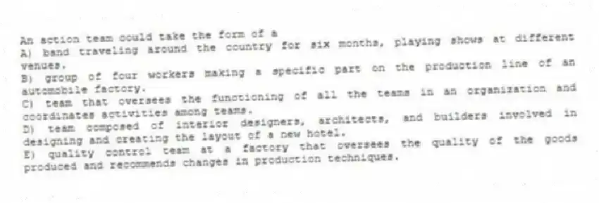An action team could take the form of a
A) band traveling around the country for six months, playing shows at different venues.
B) group of four workers making a specific part on the production line of an automobile factory.
C) team that oversees the functioning of all the teams in an organization and coordinates activities among teams.
D) team composed of interior designers, architects, and builders involved in designing and creating the layout of a new hotel.
E) quality control team at a factory that oversees the quality of the goods produced and recommends changes in production techniques.