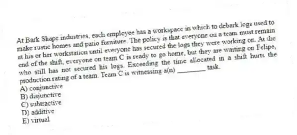 At Bark Shape industries, each employee has a workspace in which to debark logs used to make rustic homes and patio furniture. The policy is that everyone on a team must remain at his or her workstation until everyone has secured the logs they were working on. At the end of the shift, everyone on team C is ready to go home, but they are waiting on Felipe, who still has not secured his logs. Exceeding the time allocated in a shift hurts the production rating of a team. Team C is witnessing a(n) ________ task.
A) conjunctive
B) disjunctive
C) subtractive
D) additive
E) virtual