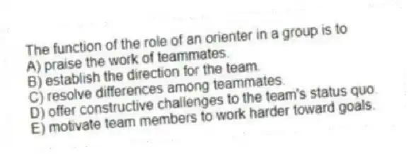 The function of the role of an orienter in a group is to
A) praise the work of teammates.
B) establish the direction for the team.
C) resolve differences among teammates.
D) offer constructive challenges to the team's status quo.
E) motivate team members to work harder toward goals.