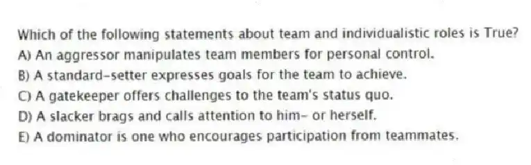 Which of the following statements about team and individualistic roles is True?
A) An aggressor manipulates team members for personal control.
B) A standard-setter expresses goals for the team to achieve.
C) A gatekeeper offers challenges to the team's status quo.
D) A slacker brags and calls attention to him- or herself.
E) A dominator is one who encourages participation from teammates.