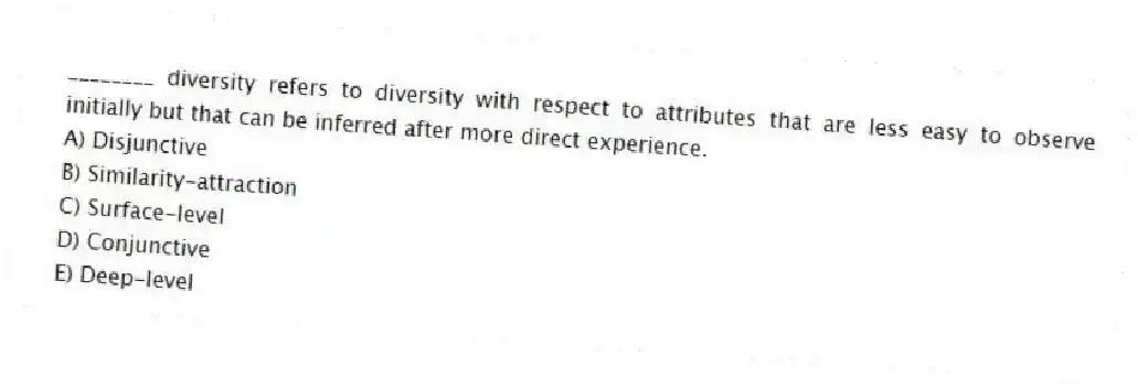 ________ diversity refers to diversity with respect to attributes that are less easy to observe initially but that can be inferred after more direct experience.
A) Disjunctive
B) Similarity-attraction
C) Surface-level
D) Conjunctive
E) Deep-level