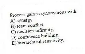 Process gain is synonymous with
A) synergy.
B) team conflict.
C) decision infirmity.
D) confidence building.
E) hierarchical sensitivity.