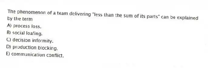 The phenomenon of a team delivering "less than the sum of its parts" can be explained by the term
A) process loss.
B) social loafing.
C) decision informity.
D) production blocking.
E) communication conflict.