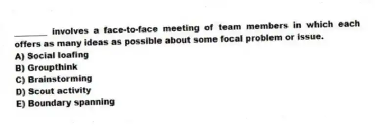 ________ involves a face-to-face meeting of team members in which each offers as many ideas as possible about some focal problem or issue.
A) Social loafing
B) Groupthink
C) Brainstorming
D) Scout activity
E) Boundary spanning