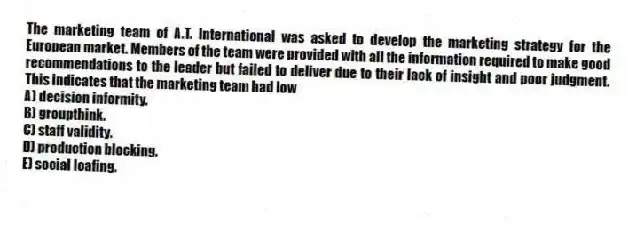 The marketing team of A.T. International was asked to develop the marketing strategy for the European market. Members of the team were provided with all the information required to make good recommendations to the leader but failed to deliver due to their lack of insight and poor judgment. This indicates that the marketing team had low
A) decision informity.
B) groupthink.
C) staff validity.
D) production blocking.
E) social loafing.