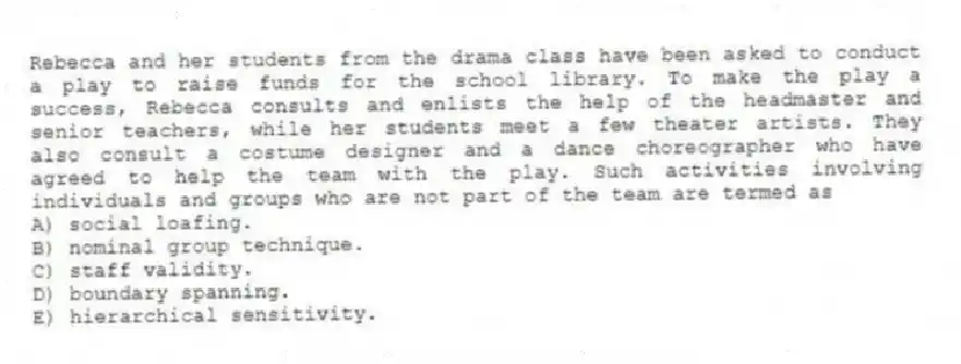 Rebecca and her students from the drama class have been asked to conduct a play to raise funds for the school library. To make the play a success, Rebecca consults and enlists the help of the headmaster and senior teachers, while her students meet a few theater artists. They also consult a costume designer and a dance choreographer who have agreed to help the team with the play. Such activities involving individuals and groups who are not part of the team are termed as
A) social loafing.
B) nominal group technique.
C) staff validity.
D) boundary spanning.
E) hierarchical sensitivity.