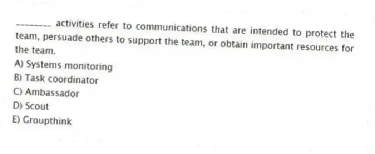________ activities refer to communications that are intended to protect the team, persuade others to support the team, or obtain important resources for the team.
A) Systems monitoring
B) Task coordinator
C) Ambassador
D) Scout
E) Groupthink