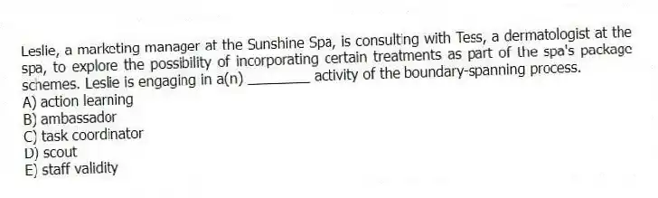 Leslie, a marketing manager at the Sunshine Spa, is consulting with Tess, a dermatologist at the spa, to explore the possibility of incorporating certain treatments as part of the spa's package schemes. Leslie is engaging in a(n) ________ activity of the boundary-spanning process.
A) action learning
B) ambassador
C) task coordinator
D) scout
E) staff validity