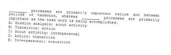 ________ processes are primarily important before and between periods of taskwork, whereas ________ processes are primarily important as the task work is being accomplished.
A) Mission analysis; scout activity
B) Transition; action
C) Scout activity; interpersonal
D) Action; transition
E) Interpersonal; transition