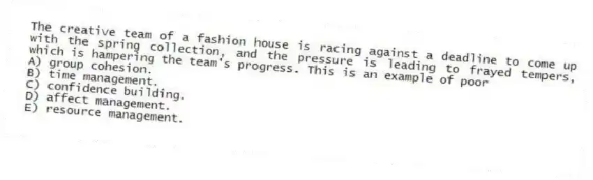 The creative team of a fashion house is racing against a deadline to come up with the spring collection, and the pressure is leading to frayed tempers, which is hampering the team's progress. This is an example of poor
A) group cohesion.
B) time management.
C) confidence building.
D) affect management.
E) resource management.