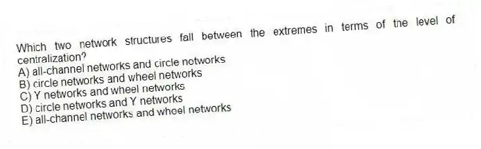 Which two network structures fall between the extremes in terms of the level of centralization?
A) all-channel networks and circle networks
B) circle networks and wheel networks
C) Y networks and wheel networks
D) circle networks and Y networks
E) all-channel networks and wheel networks
