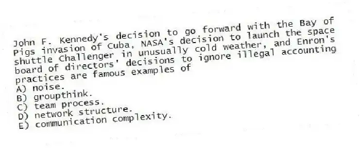 John F. Kennedy's decision to go forward with the Bay of Pigs invasion of Cuba, NASA's decision to launch the space shuttle Challenger in unusually cold weather, and Enron's board of directors' decisions to ignore illegal accounting practices are famous examples of
A) noise.
B) groupthink.
C) team process.
D) network structure.
E) communication complexity.