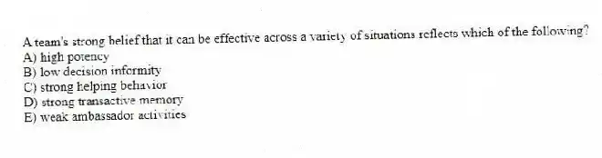 A team's strong belief that it can be effective across a variety of situations reflects which of the following?
A) high potency
B) low decision informity
C) strong helping behavior
D) strong transactive memory
E) weak ambassador activities