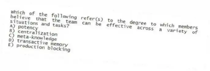 Which of the following refer(s) to the degree to which members believe that the team can be effective across a variety of situations and tasks?
A) potency
B) centralization
C) meta-knowledge
D) transactive memory
E) production blocking