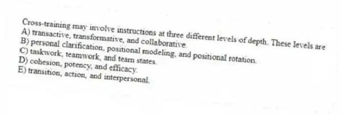 Cross-training may involve instructions at three different levels of depth. These levels are
A) transactive, transformative, and collaborative.
B) personal clarification, positional modeling, and positional rotation.
C) taskwork, teamwork, and team states.
D) cohesion, potency, and efficacy.
E) transition, action, and interpersonal.