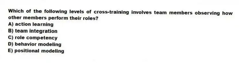 Which of the following levels of cross-training involves team members observing how other members perform their roles?
A) action learning
B) team integration
C) role competency
D) behavior modeling
E) positional modeling