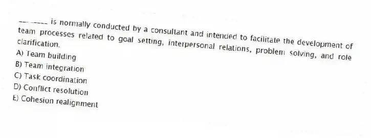 ________ is normally conducted by a consultant and intended to facilitate the development of team processes related to goal setting, interpersonal relations, problem solving, and role clarification.
A) Team building
B) Team integration
C) Task coordination
D) Conflict resolution
E) Cohesion realignment