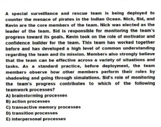 A special surveillance and rescue team is being deployed to counter the menace of pirates in the Indian Ocean. Nick, Sid, and Kevin are the core members of the team. Nick was elected as the leader of the team. Sid is responsible for monitoring the team's progress toward its goals. Kevin took on the role of motivator and confidence builder for the team. This team has worked together before and has developed a high level of common understanding regarding the team and its mission. Members also strongly believe that the team can be effective across a variety of situations and tasks. As a standard practice, before deployment, the team members observe how other members perform their roles by shadowing and going through simulations. Sid's role of monitoring the team's progress contributes to which of the following teamwork processes?
A) brainstorming processes
B) action processes
C) transactive memory processes
D) transition processes
E) interpersonal processes