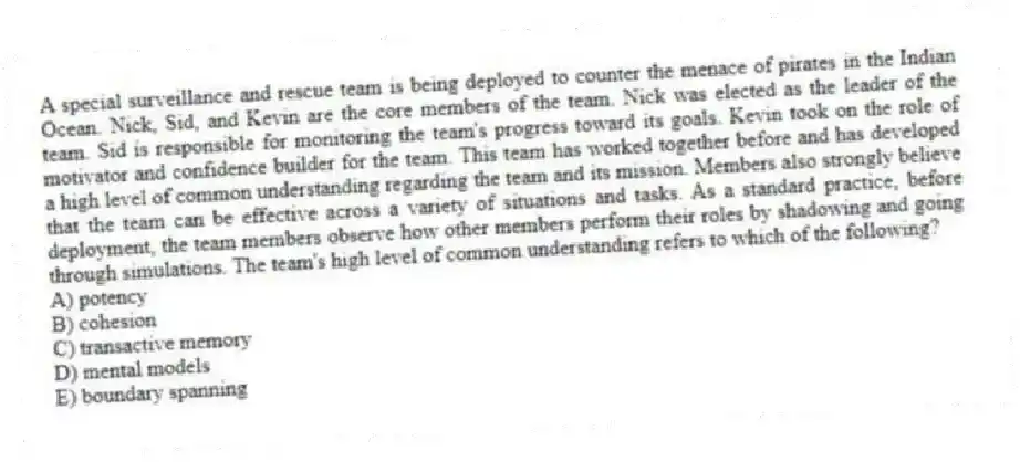 A special surveillance and rescue team is being deployed to counter the menace of pirates in the Indian Ocean. Nick, Sid, and Kevin are the core members of the team. Nick was elected as the leader of the team. Sid is responsible for monitoring the team's progress toward its goals. Kevin took on the role of motivator and confidence builder for the team. This team has worked together before and has developed a high level of common understanding regarding the team and its mission. Members also strongly believe that the team can be effective across a variety of situations and tasks. As a standard practice, before deployment, the team members observe how other members perform their roles by shadowing and going through simulations. The team's high level of common understanding refers to which of the following?
A) potency
B) cohesion
C) transactive memory
D) mental models
E) boundary spanning