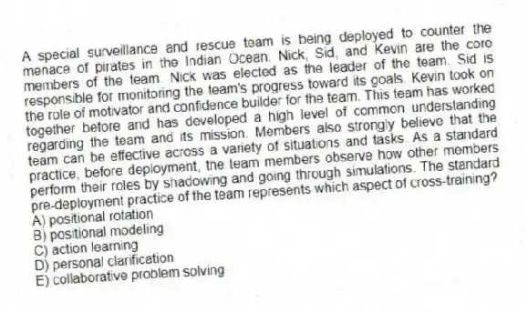 A special surveillance and rescue team is being deployed to counter the menace of pirates in the Indian Ocean. Nick, Sid, and Kevin are the core members of the team. Nick was elected as the leader of the team. Sid is responsible for monitoring the team's progress toward its goals. Kevin took on the role of motivator and confidence builder for the team. This team has worked together before and has developed a high level of common understanding regarding the team and its mission. Members also strongly believe that the team can be effective across a variety of situations and tasks. As a standard practice, before deployment, the team members observe how other members perform their roles by shadowing and going through simulations. The standard pre-deployment practice of the team represents which aspect of cross-training?
A) positional rotation
B) positional modeling
C) action learning
D) personal clarification
E) collaborative problem solving