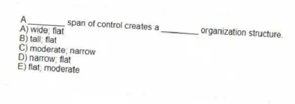 A ________ span of control creates a ________ organization structure.
A) wide; flat
B) tall; flat
C) moderate; narrow
D) narrow; flat
E) flat; moderate
