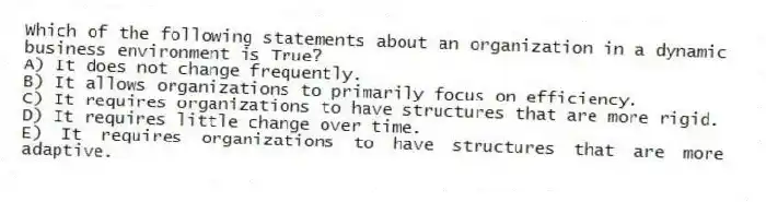 Which of the following statements about an organization in a dynamic business environment is True?
A) It does not change frequently.
B) It allows organizations to primarily focus on efficiency.
C) It requires organizations to have structures that are more rigid.
D) It requires little change over time.
E) It requires organizations to have structures that are more adaptive.