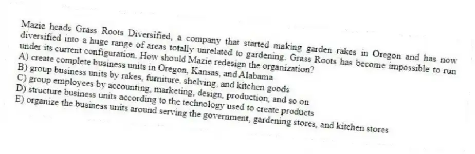 Mazie heads Grass Roots Diversified, a company that started making garden rakes in Oregon and has now diversified into a huge range of areas totally unrelated to gardening. Grass Roots has become impossible to run under its current configuration. How should Mazie redesign the organization?
A) create complete business units in Oregon, Kansas, and Alabama
B) group business units by rakes, furniture, shelving, and kitchen goods
C) group employees by accounting, marketing, design, production, and so on
D) structure business units according to the technology used to create products
E) organize the business units around serving the government, gardening stores, and kitchen stores